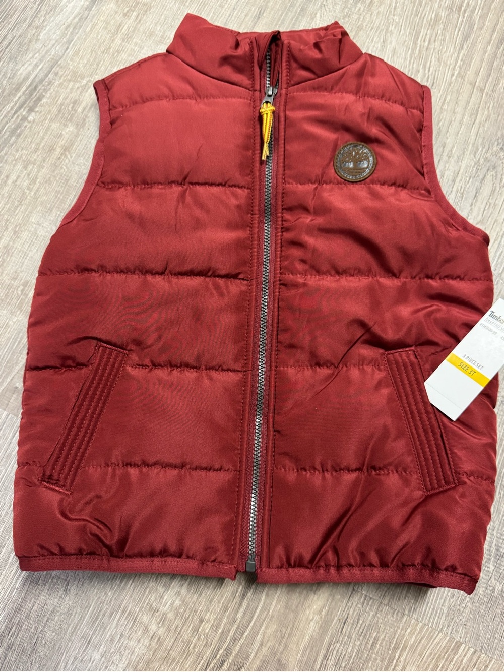 Timberland Kids Quilted Vest in Deep Red with Yellow Zip Pull